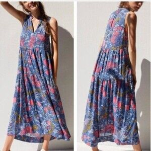 Anthropoloie Maeve Blue Floral Tiered Midi Cottage Core Dress Size Medium